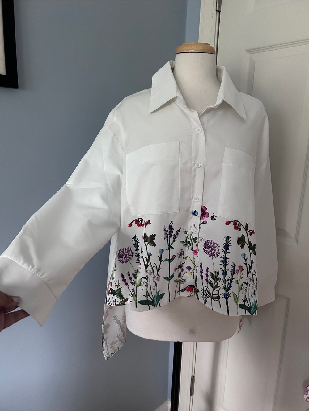 White Button-Down Shirt with Floral Hem - Women's Top
